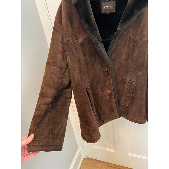 Vintage Guess Women's L Brown Suede Leather Faux Fur Lined Jacket Coat Y2K - Picture 12 of 16